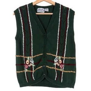 The Villager Vintage Green Floral Embroidered Button Front Sweater Vest Small